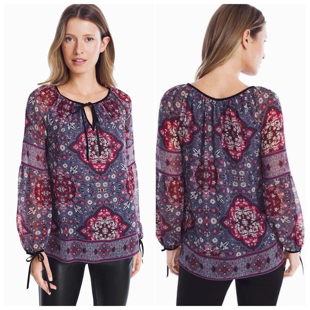 White House Black Market Floral Velvet Trim Boho Top